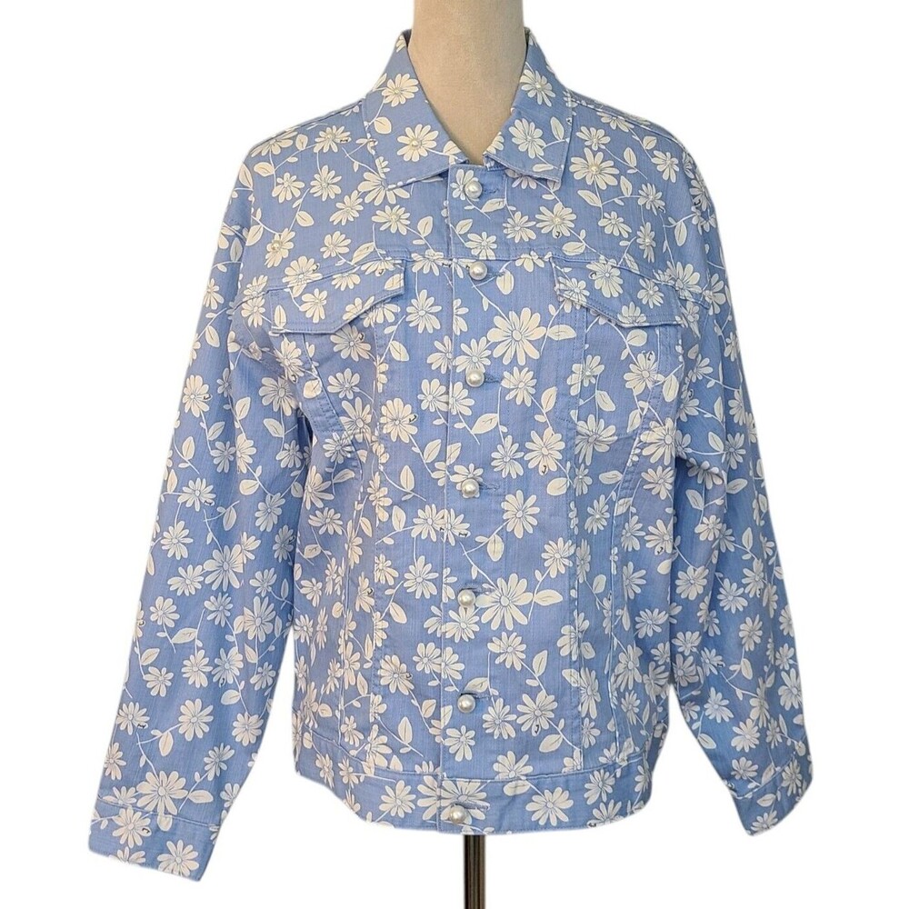 Juicy Couture Black Label Wmn M Blue/White Daisy/Pearl Button Preppy Jean Jacket